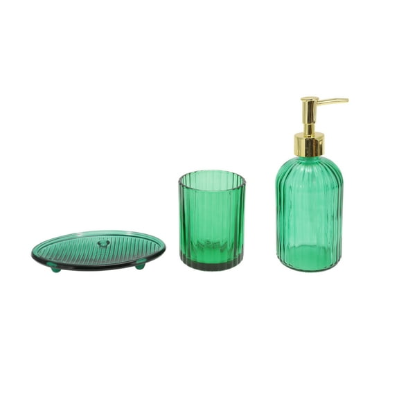Unique Bargains 1 Set Reusable Vertical Stripes Bathroom Accessories Kit Green Glass