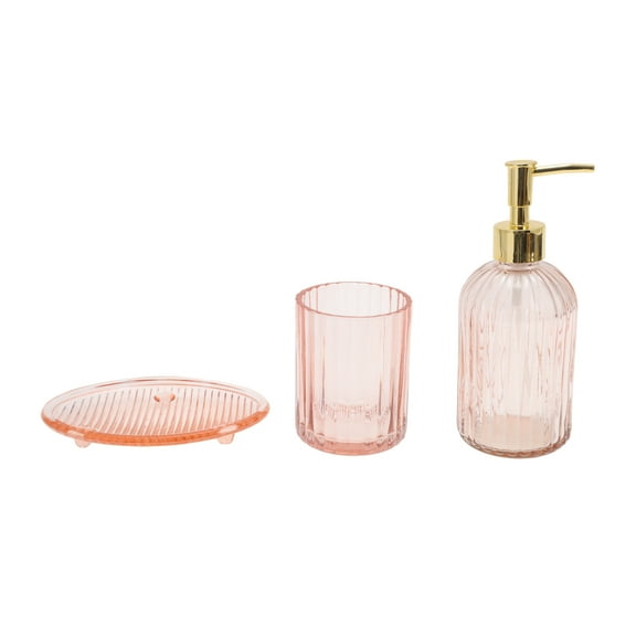 Unique Bargains 1 Set Reusable Vertical Stripes Bathroom Accessories Kit Pink Glass