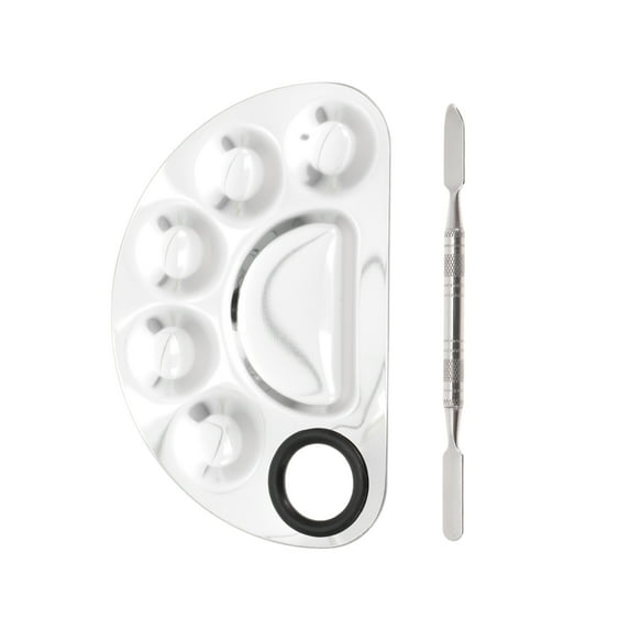 Unique Bargains 1 Set Small Half Circle Finger Hole Foundation Spatula Makeup Mixing Palettes Silver Tone