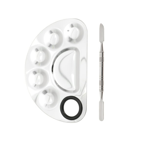 Unique Bargains 1 Set Small Half Circle Finger Hole Foundation Spatula Makeup Mixing Palettes  Silver Tone