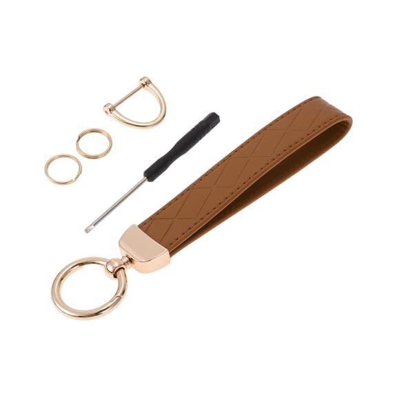Unique Bargains 1 Set Universal Car Keychain Car Home Women Men Key Chain with Ring PU Leather Brown Gold Tone