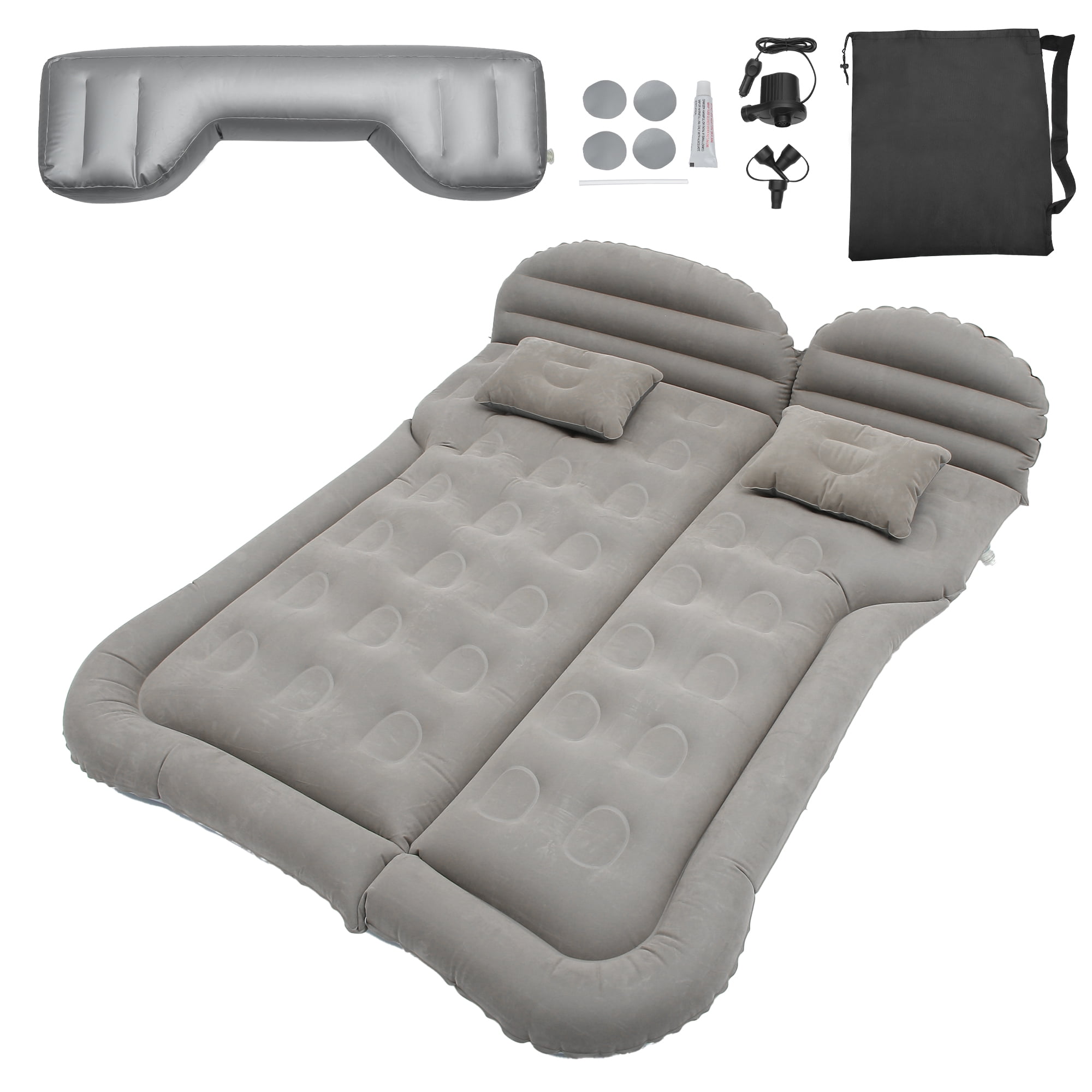 Unique Bargains 1 Set Universal Inflatable Thickened Car Air Mattress Camping Bed Cushion Pillow Flocking Gray