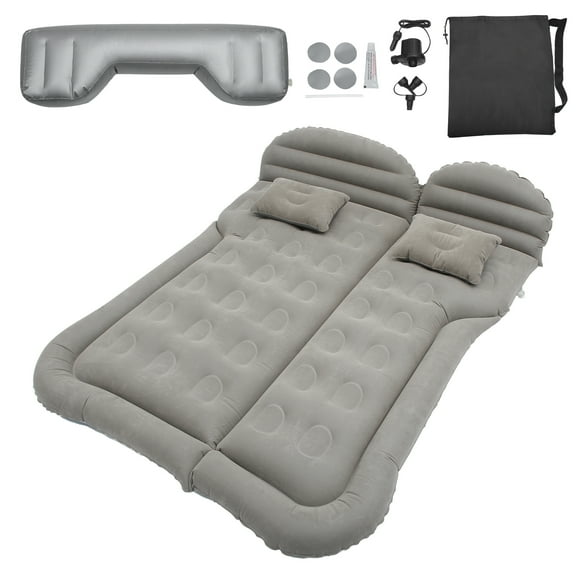 Unique Bargains 1 Set Universal Inflatable Thickened Car Air Mattress Camping Bed Cushion Pillow Flocking Gray