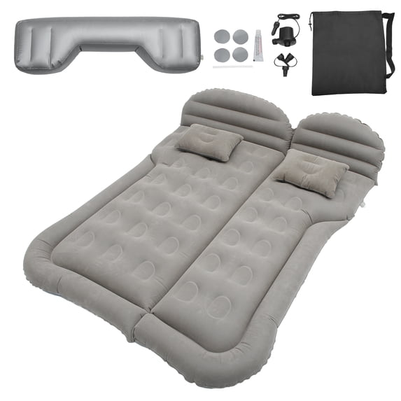 Unique Bargains 1 Set Universal Inflatable Thickened Car Air Mattress Camping Bed Cushion Pillow Flocking Gray