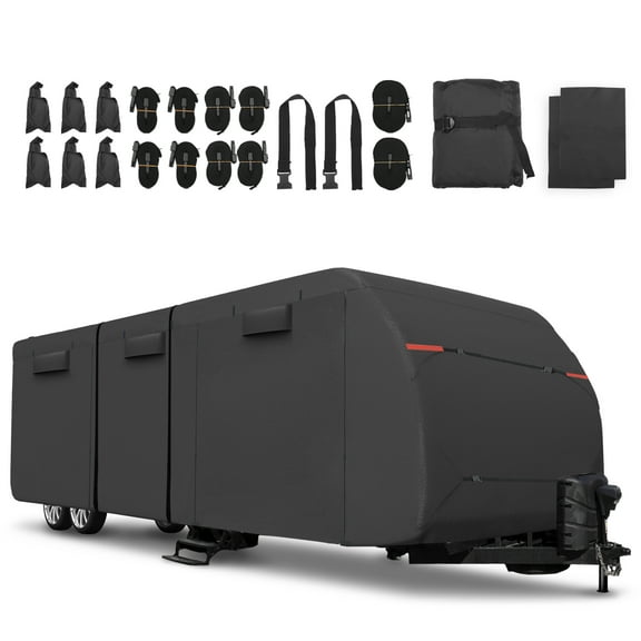 Unique Bargains 1 Set Waterproof RV Trailer Cover Fits 20'-22' with Extra Windproof Ropes and Gutter Covers Black
