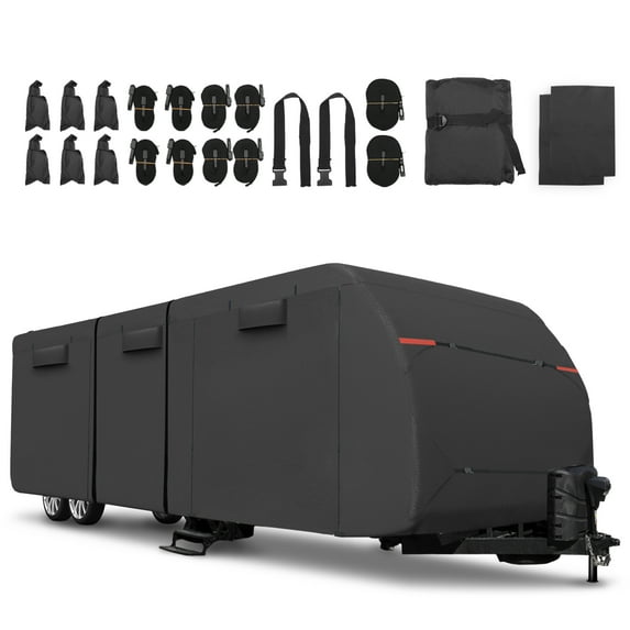 Unique Bargains 1 Set Waterproof RV Trailer Cover Fits 20'-22' with Extra Windproof Ropes and Gutter Covers Black