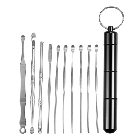 Unique Bargains 10 Pcs Earwax Cleaning Tool Kit Portable Stainless Steel Earwax Cleaner Tool Set Black