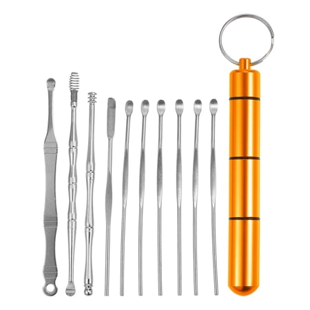 Unique Bargains 10 Pcs Earwax Cleaning Tool Kit Portable Stainless Steel Earwax Cleaner Tool Set Gold Tone