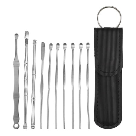 Unique Bargains 10 Pcs Earwax Cleaning Tool Kit Portable Stainless Steel Earwax Cleaner Tool with Storage Pouch Black