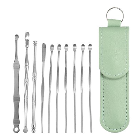 Unique Bargains 10 Pcs Earwax Cleaning Tool Kit Portable Stainless Steel Earwax Cleaner Tool with Storage Pouch Green
