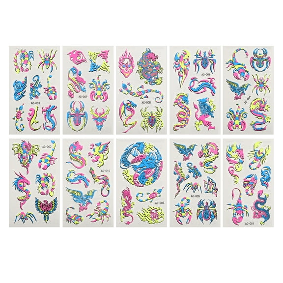 Unique Bargains Christmas 10 Pcs Luminous Fake Tattoos Animal Pattern Temporary Tatto Fluorescent Pink