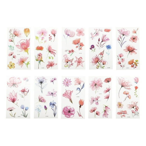 Unique Bargains Christmas 10 Pcs Realistic Temporary Tatto Watercolor Flower Fake Tattoos Pink Green Yellow