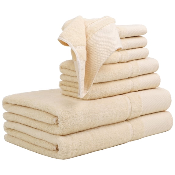 Unique Bargains 100% Combed Cotton 8 Piece Towel Set Soft 600 GSM Luxury Absorbent Champagne