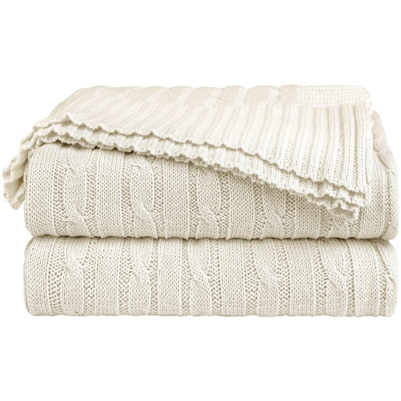 Unique Bargains 100% Cotton Cable Knit Throw Bed Blanket Beige 51" x 59"