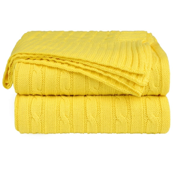 Unique Bargains 100% Cotton Cable Knit Throw Bed Blanket Yellow 51" x 59"