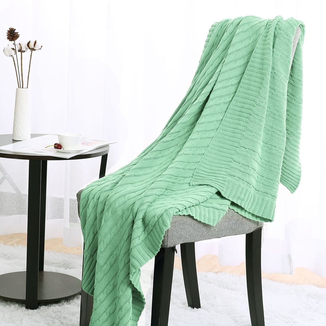 Unique Bargains 100% Cotton Soft Cable Knit Blanket Light Green Full(70" x 78")