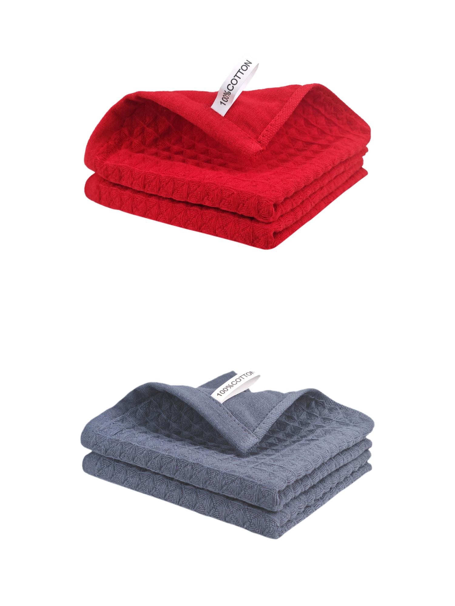 Unique Bargains 100% Cotton Waffle Weave Kitchen Towels 4 Pack Grey/Red 12" x 12"