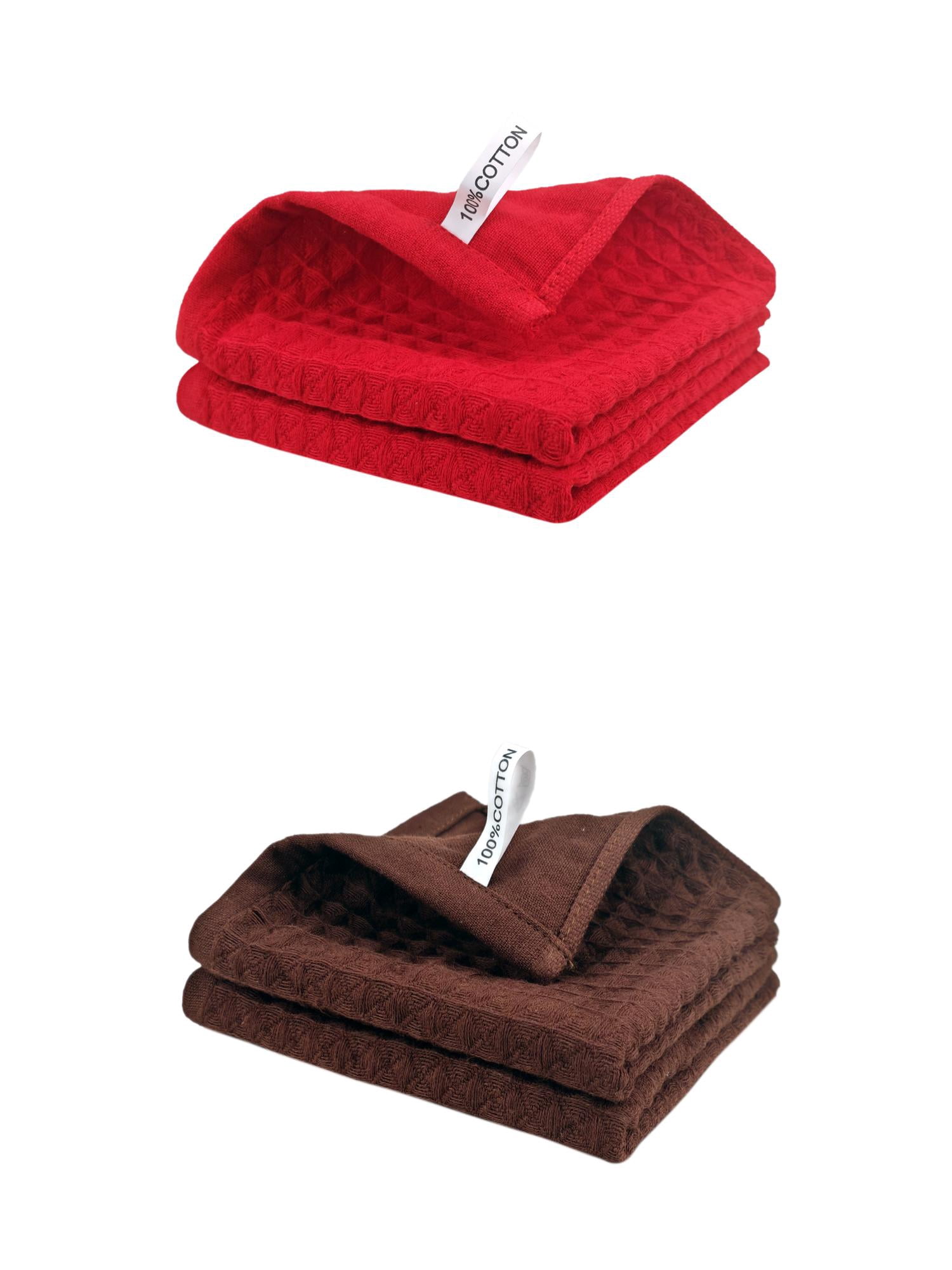 Unique Bargains 100% Cotton Waffle Weave Kitchen Towels 4 Pack Red/Brown 12" x 12"