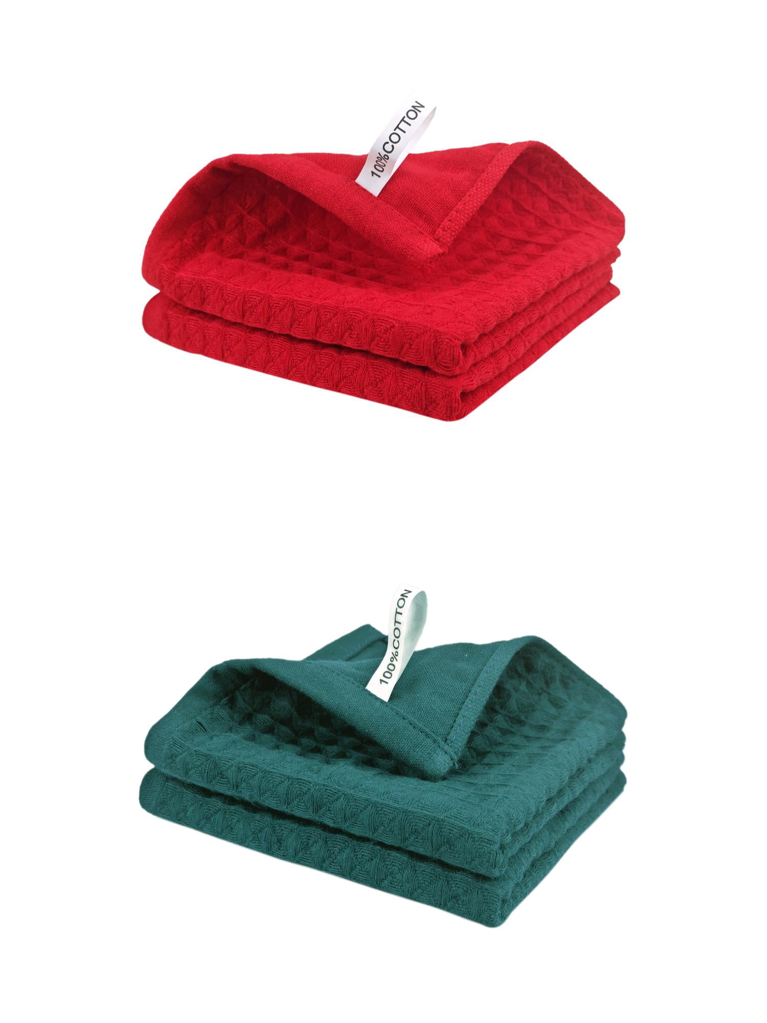 Unique Bargains 100% Cotton Waffle Weave Kitchen Towels 4 Pack Red/Green 12" x 12"