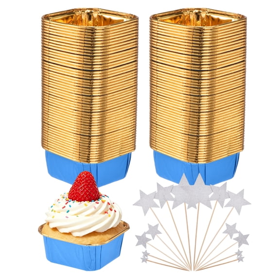 Unique Bargains 100 Pcs Double-sided Aluminum Foil Cupcake Liners Cupcake Cups Wrappers with Stars Cake Decorations for Wedding Party Supplies Blue with Gold