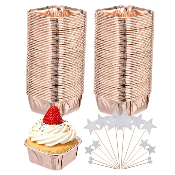 Unique Bargains 100 Pcs Double-sided Aluminum Foil Cupcake Liners Cupcake Cups Wrappers with Stars Cake Decorations for Wedding Party Supplies, Champagne Gold