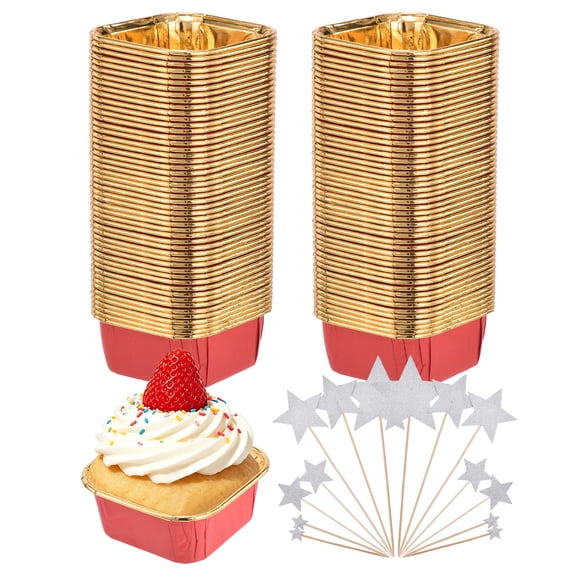 Unique Bargains 100 Pcs Double-sided Aluminum Foil Cupcake Liners Cupcake Cups Wrappers with Stars Cake Decorations for Wedding Party Supplies Red with Gold