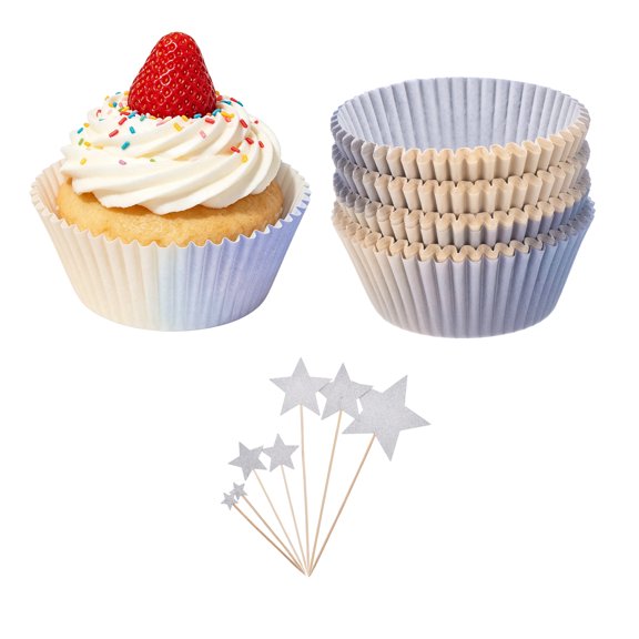 Unique Bargains 100 Pcs Standard Gradient Cupcake Liners Cupcake Cups with Stars Cake Decorations for Wedding Party Supplies, Purple Yellow Gradient