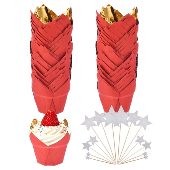 Unique Bargains 100 Pcs Tulip Cupcake Liners with Stars Cake Decorations, Aluminum Foil Cupcake Wrappers Red with Gold