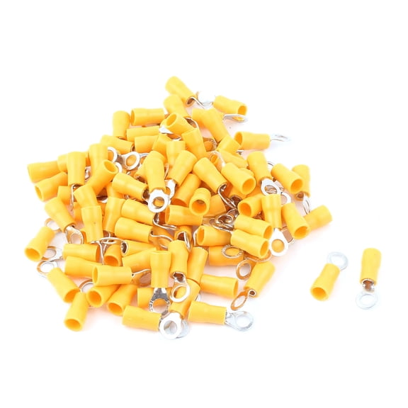Unique Bargains 100Pcs 2-4S Insulated Wire Connector Ring Crimp Terminal Yellow 16-14AWG