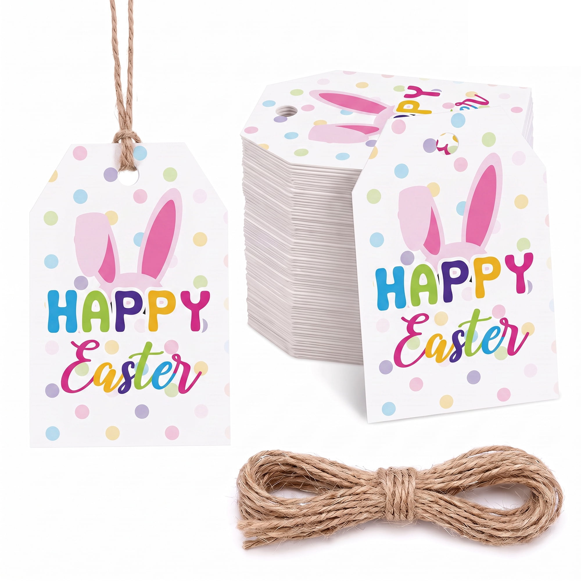 Unique Bargains 100Pcs Easter Gift Tags with Twine Bunny Ears Pattern 2" x 3.1"