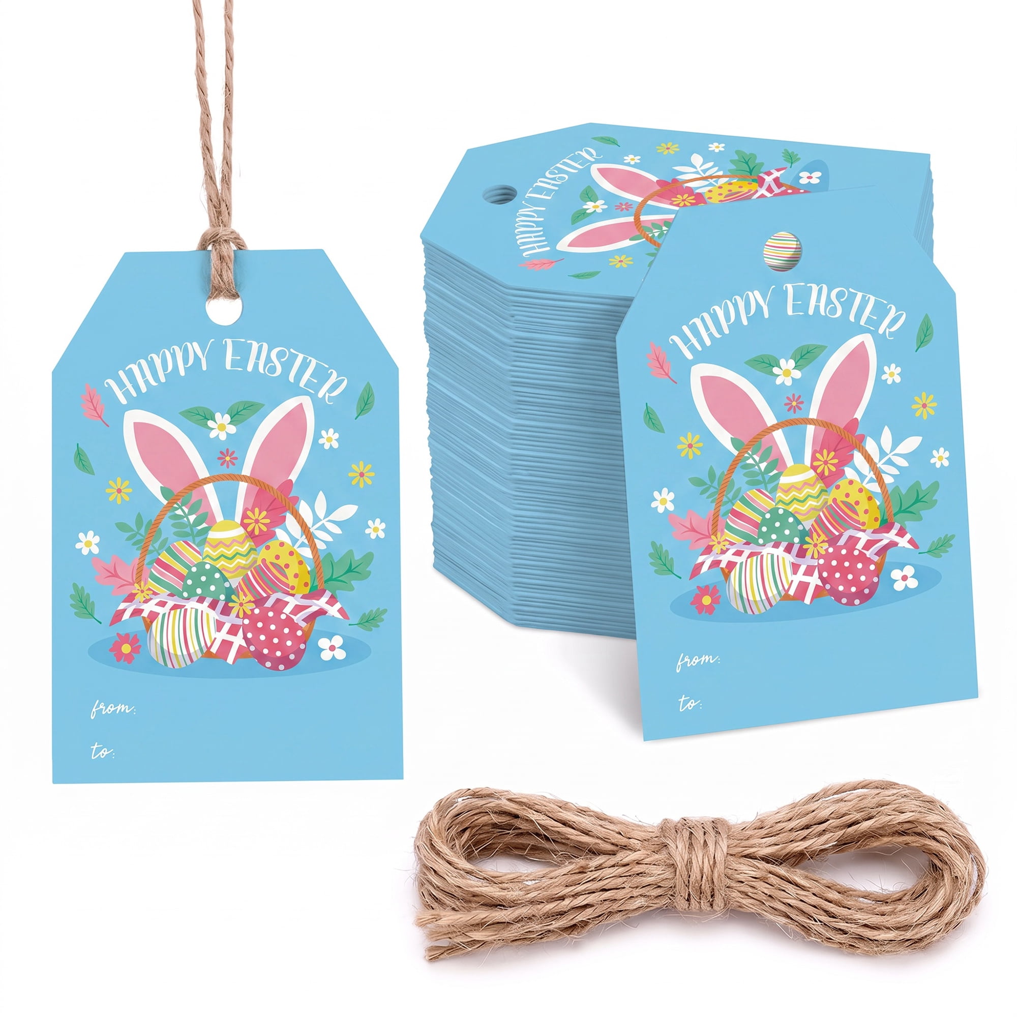 Unique Bargains 100Pcs Easter Gift Tags with Twine for Wrapping Basket Pattern 2" x 3.1"