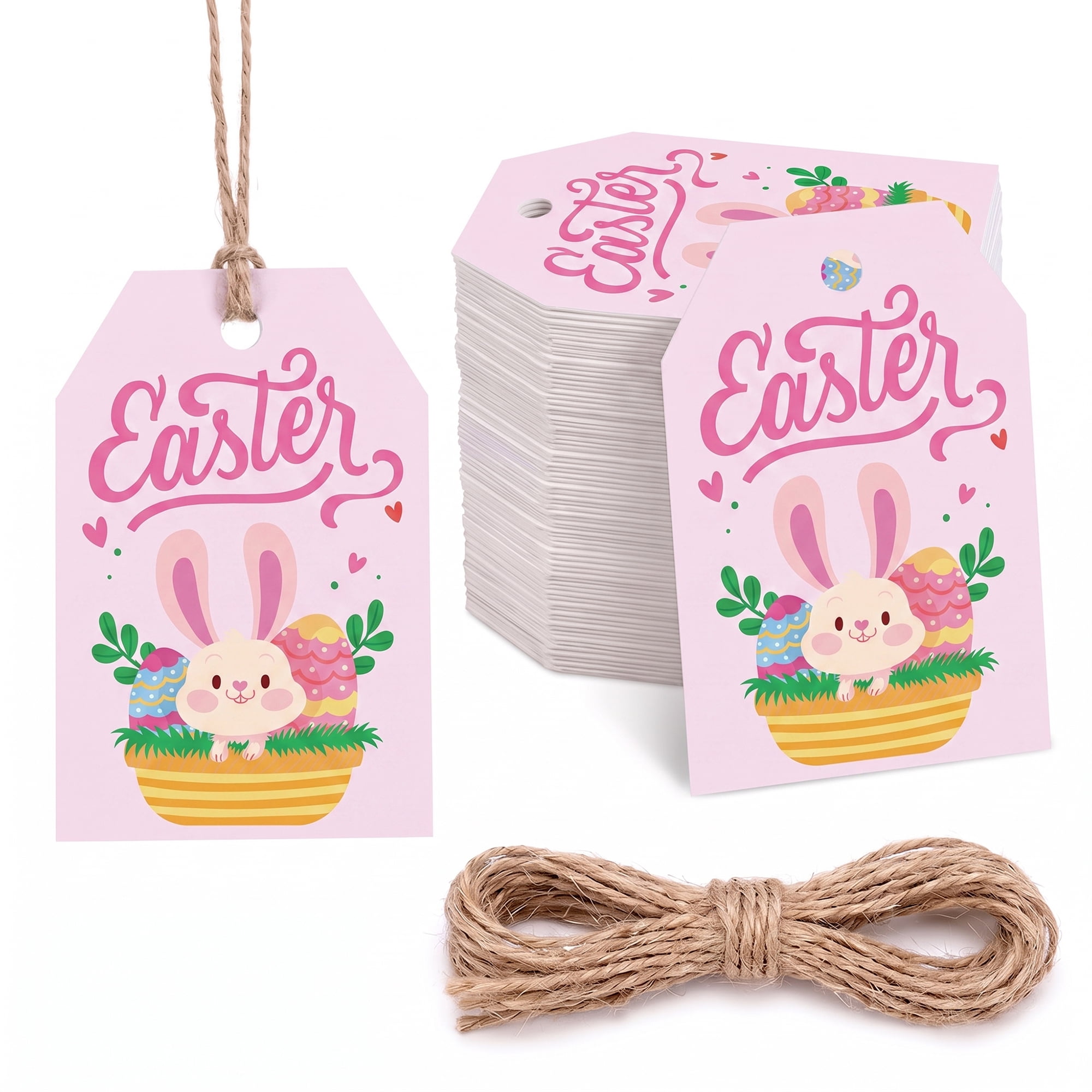 Unique Bargains 100Pcs Easter Gift Tags with Twine for Wrapping Rabbit Pattern 2" x 3.1"