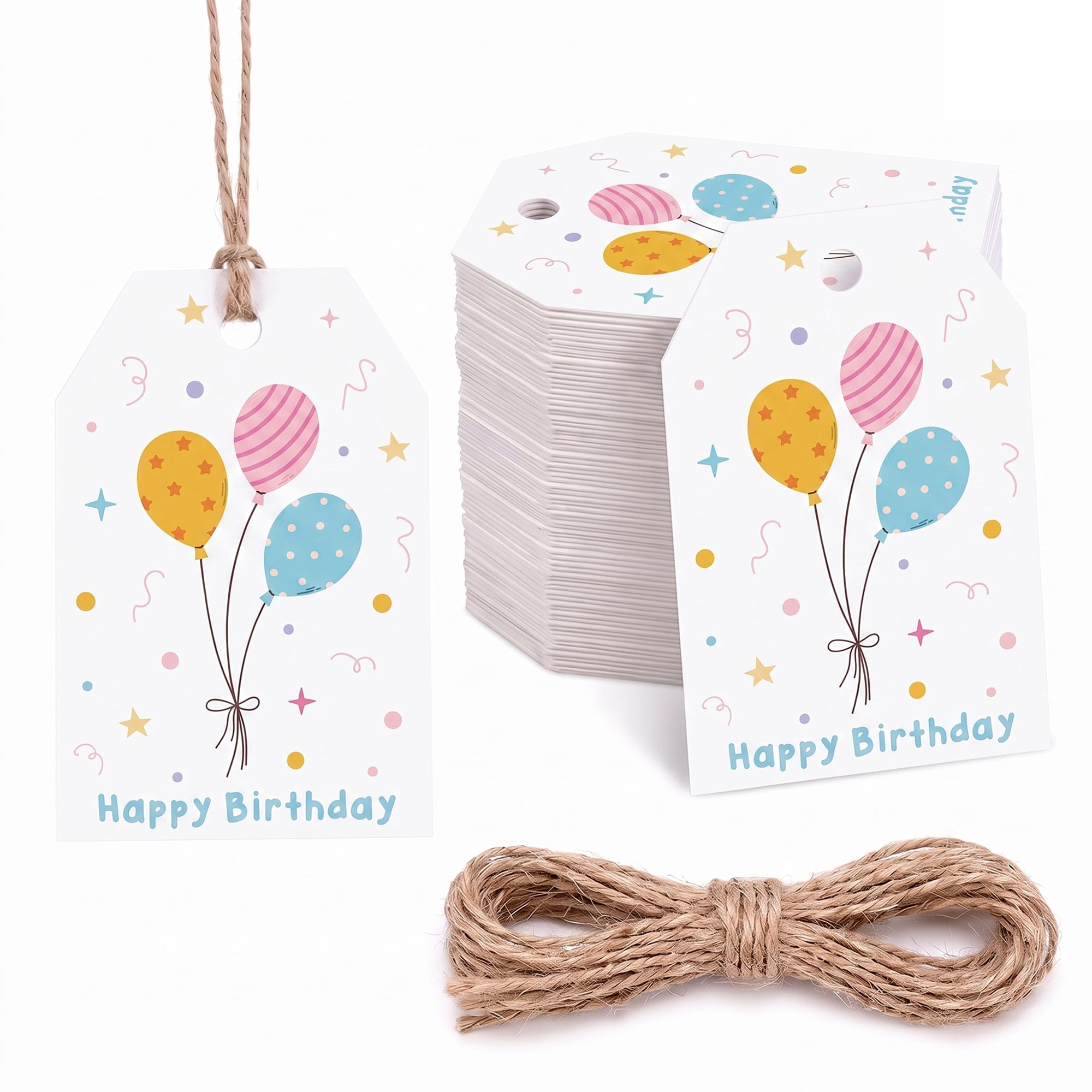 Unique Bargains 100Pcs Elegant Birthday Gift Tags with Twine Balloon Pattern 2" x 3.1"