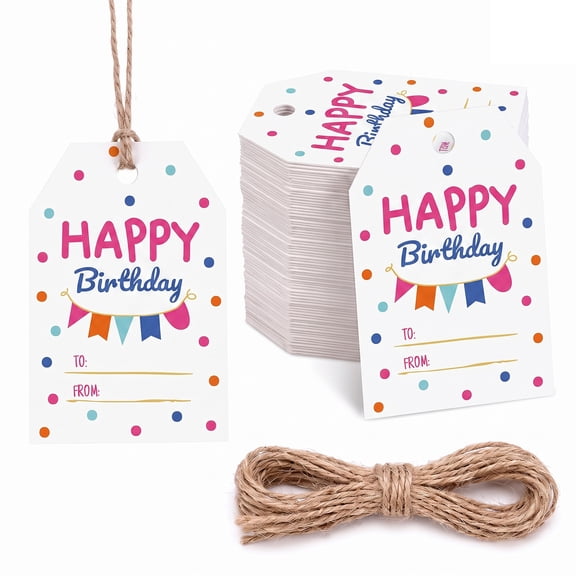 Unique Bargains 100Pcs Elegant Birthday Gift Tags with Twine Bunting Pattern 2" x 3.1"