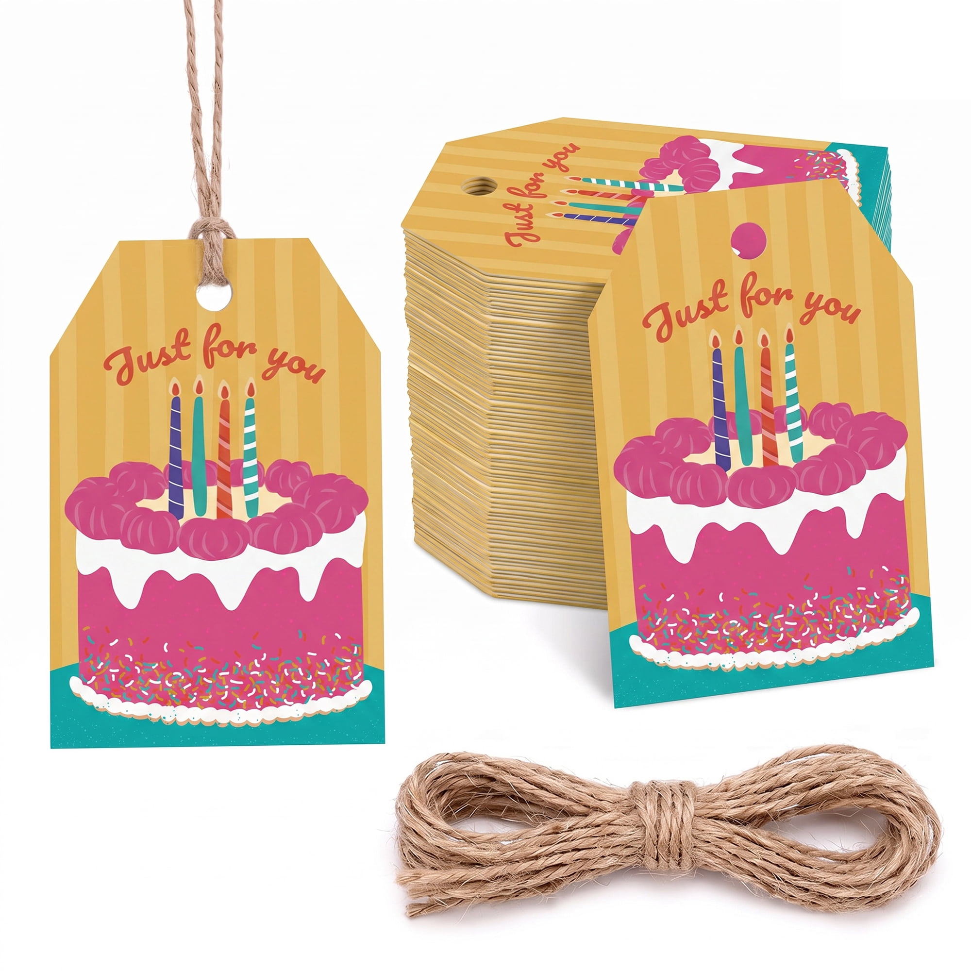 Unique Bargains 100Pcs Elegant Birthday Gift Tags with Twine Fudge Cake 2" x 3.1"