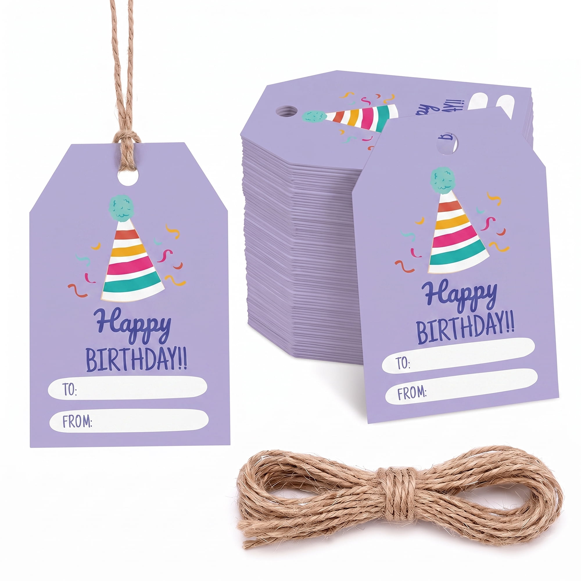Unique Bargains 100Pcs Elegant Birthday Gift Tags with Twine Hat Pattern 2" x 3.1"