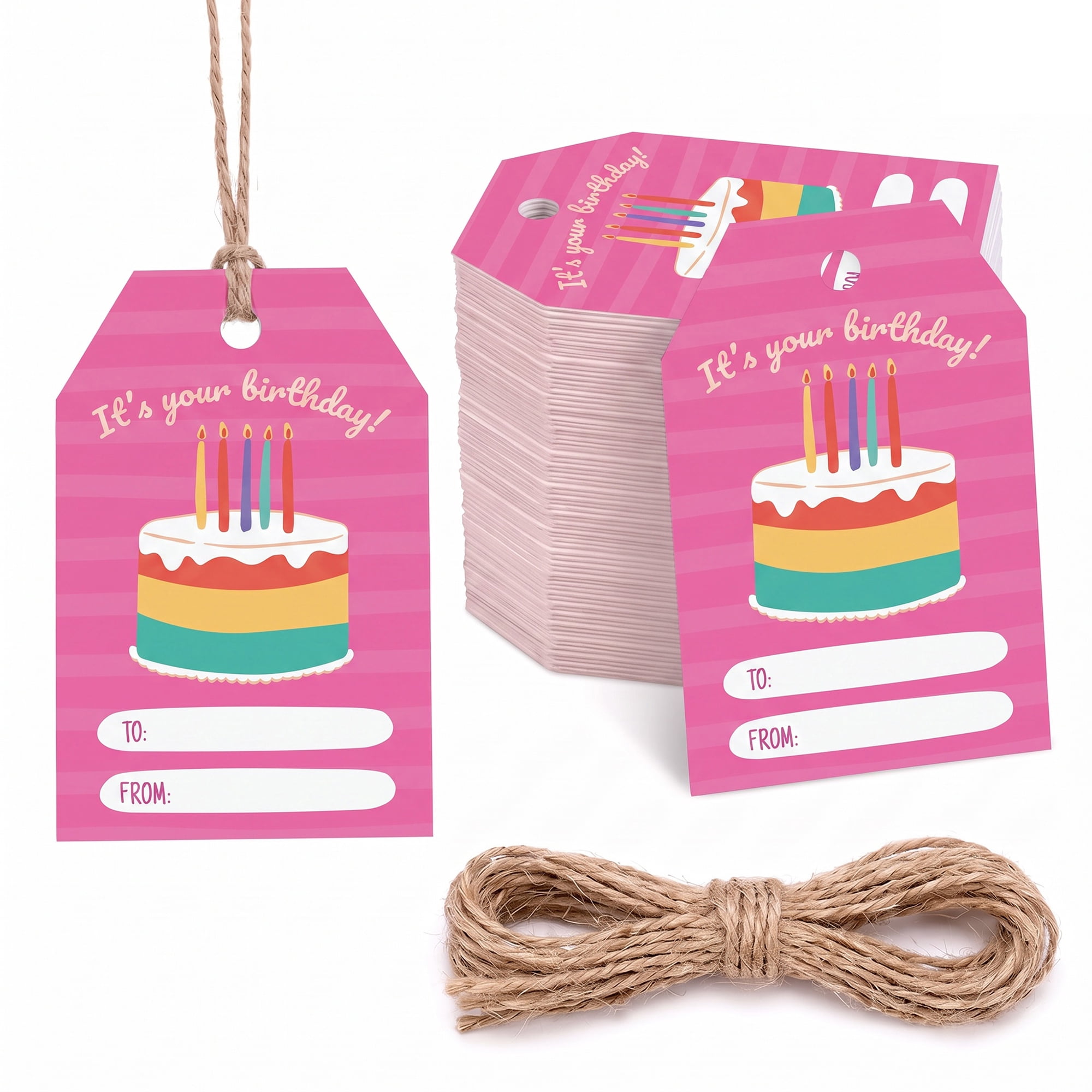 Unique Bargains 100Pcs Elegant Birthday Gift Tags with Twine Rainbow Cake 2" x 3.1"