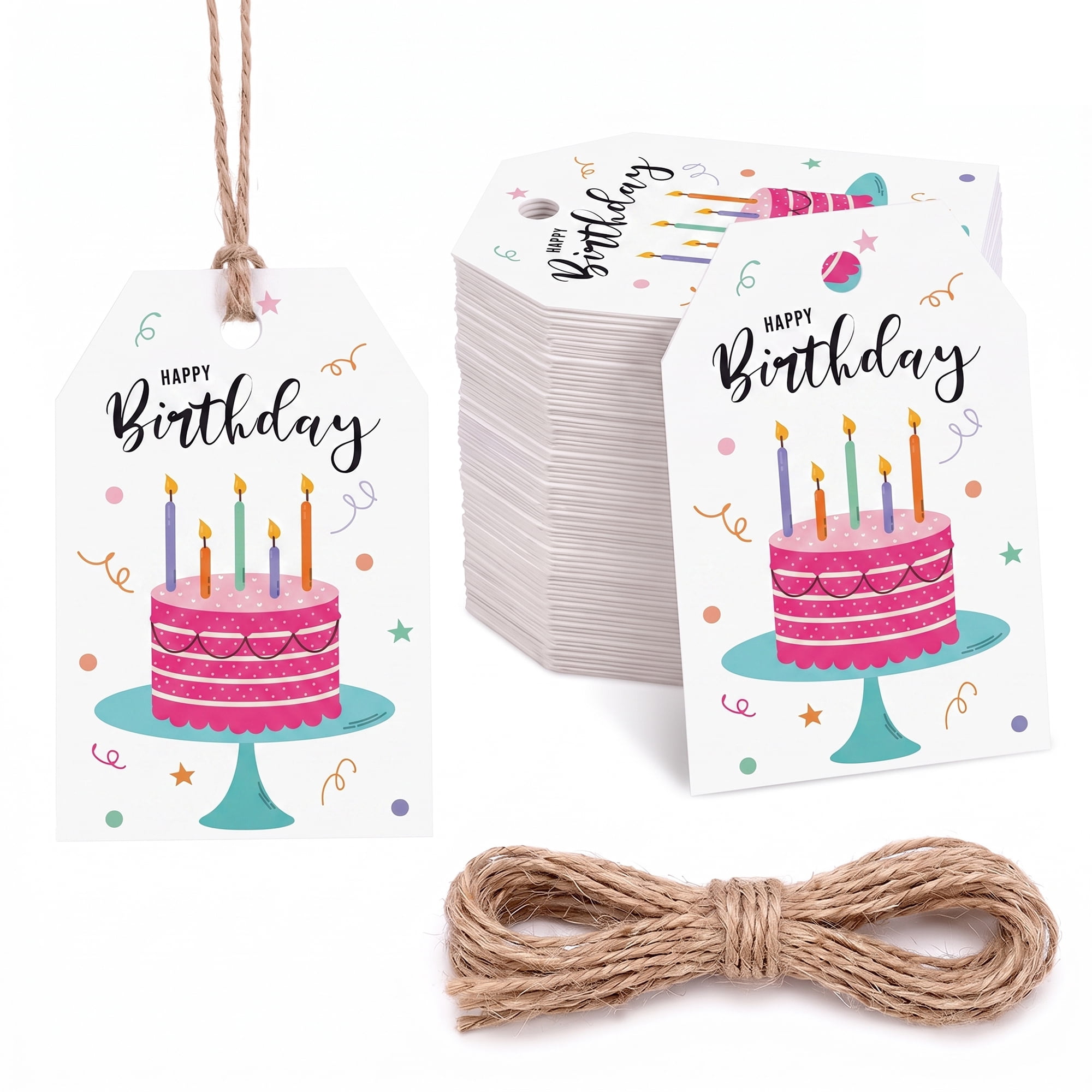 Unique Bargains 100Pcs Elegant Birthday Gift Tags with Twine Stand Cake 2" x 3.1"