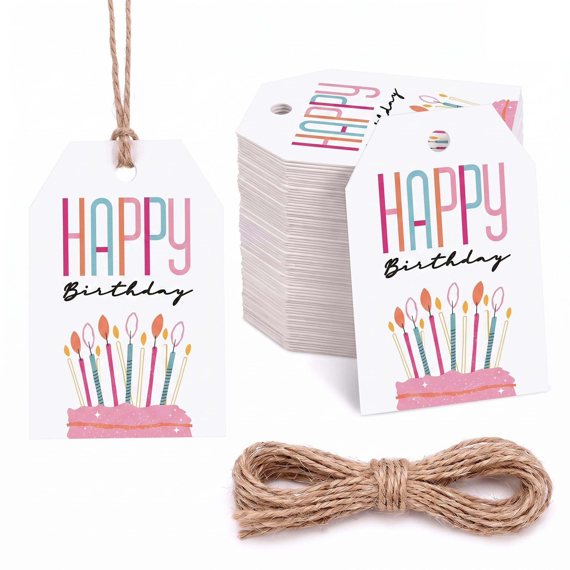 Unique Bargains 100Pcs Elegant Birthday Gift Tags with Twine Tall Font Cake 2" x 3.1"