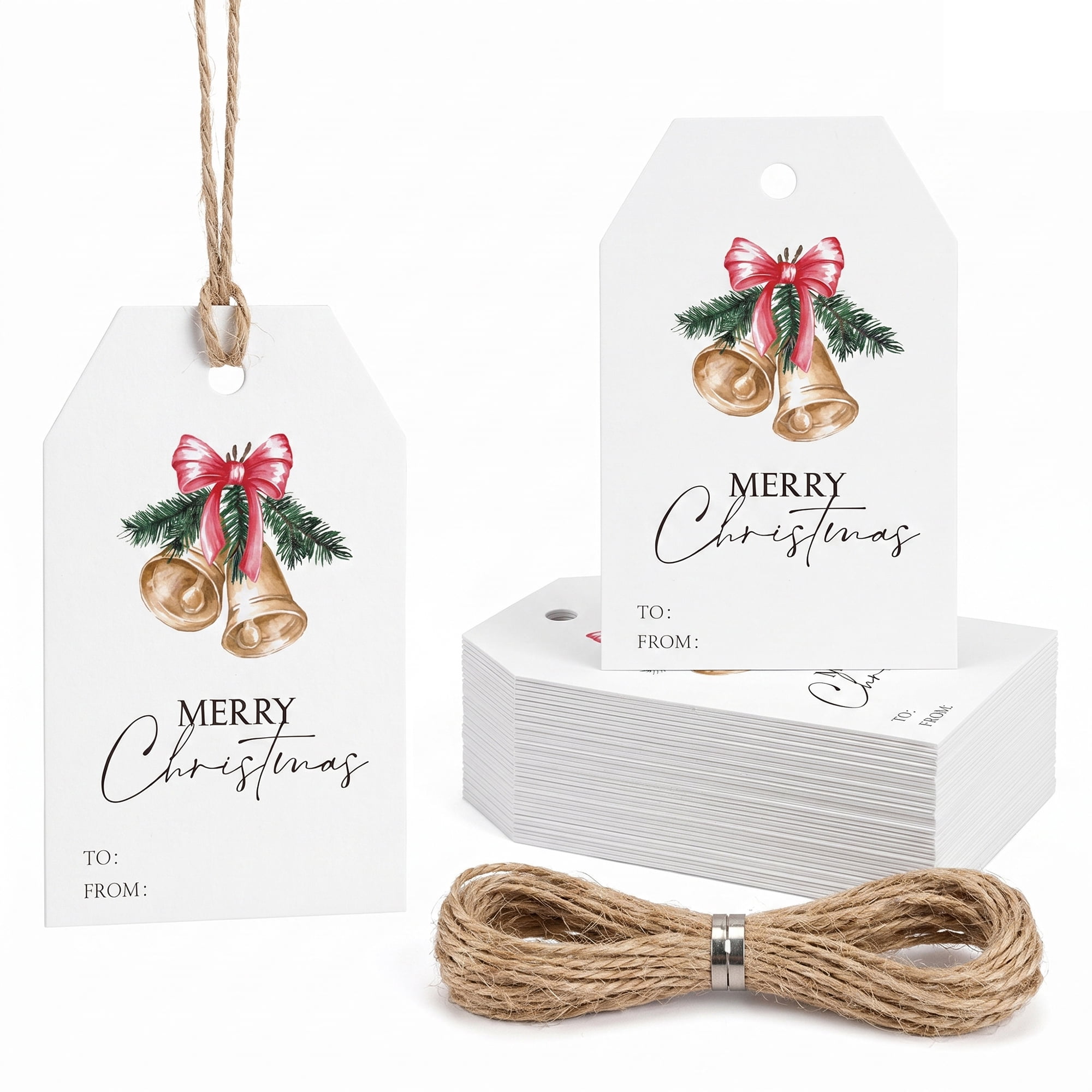 Unique Bargains 100Pcs Thick Gift Wrapping Tags with Twine Bell Pattern 2" x 3.1"