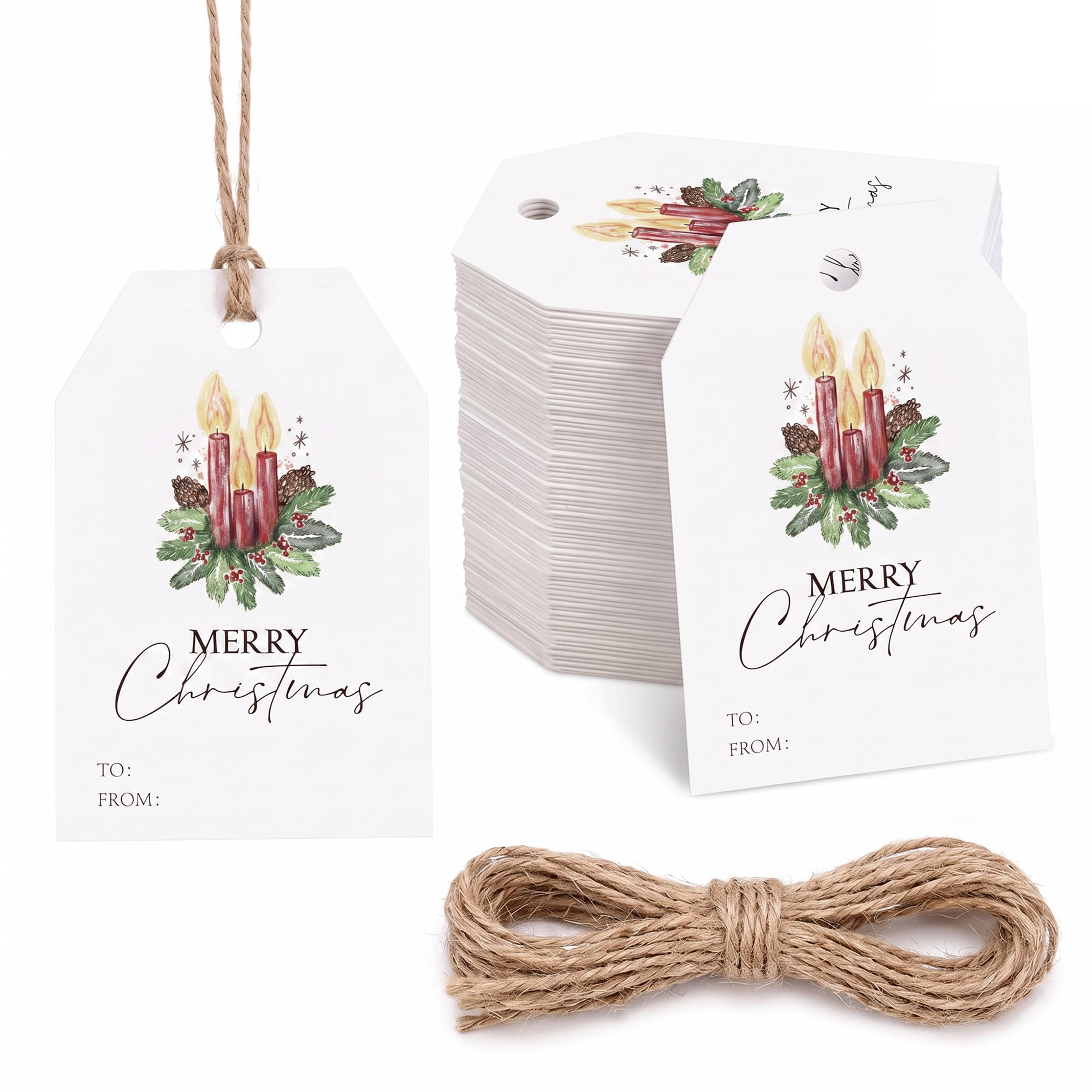 Unique Bargains 100Pcs Thick Gift Wrapping Tags with Twine Candle Wreath 2" x 3.1"