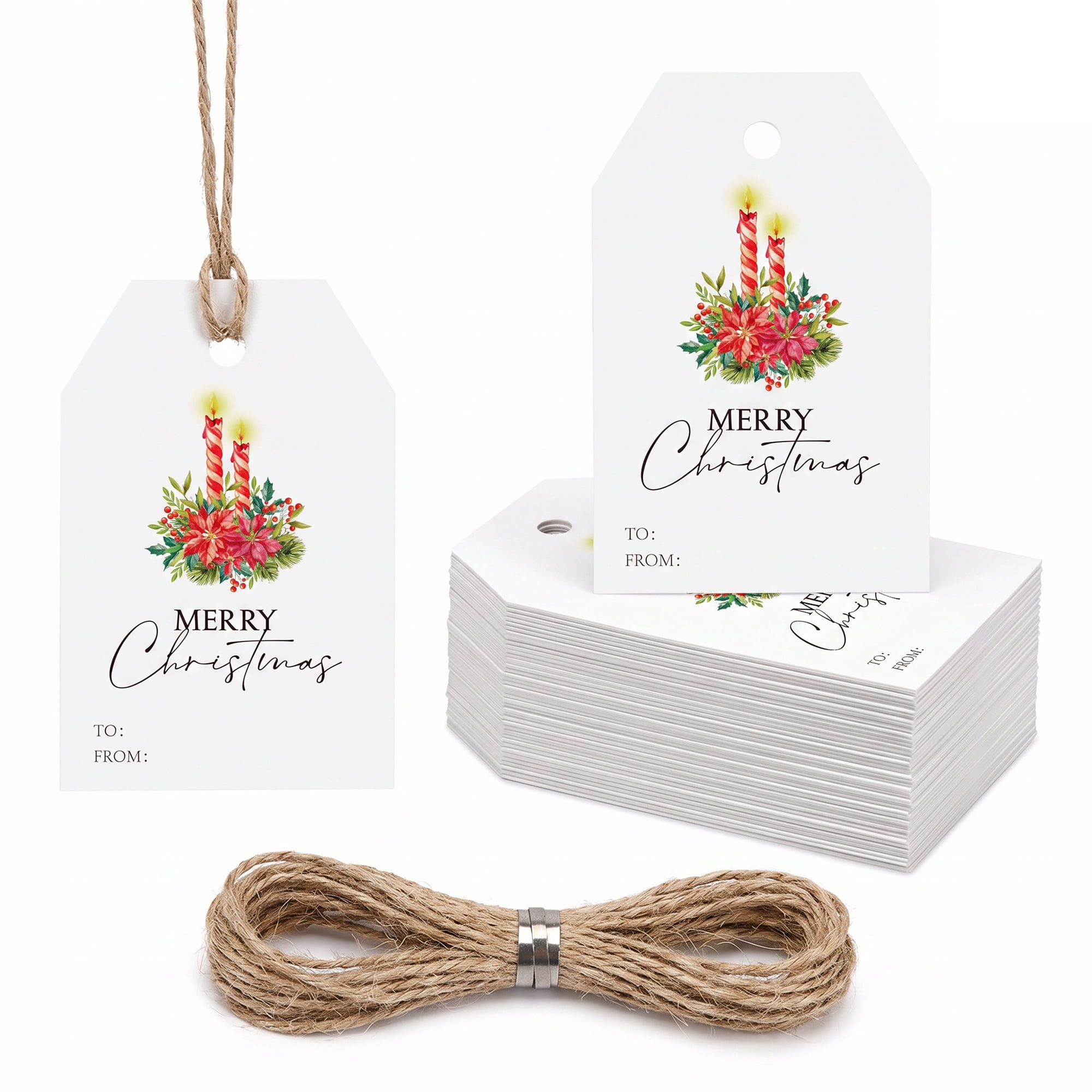 Unique Bargains 100Pcs Thick Gift Wrapping Tags with Twine Candles Pattern 2" x 3.1"