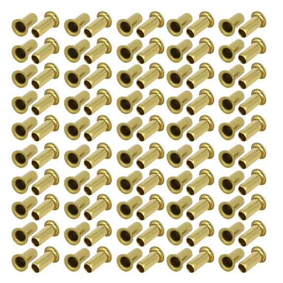 Unique Bargains 100pcs M5 x 12mm Brass Plated Metal Hollow Eyelets Rivets Gold Tone
