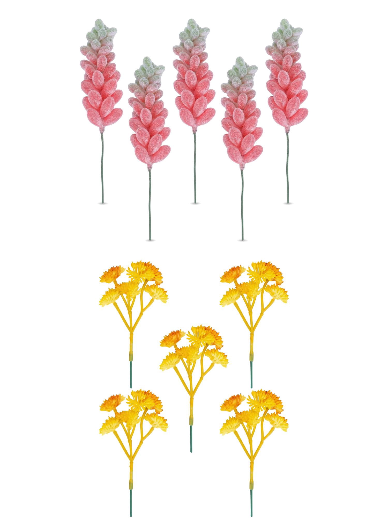 Unique Bargains 10Pcs Artificial Succulents 3.5" Deep Pink Wheat Ears Yellow Bellflower