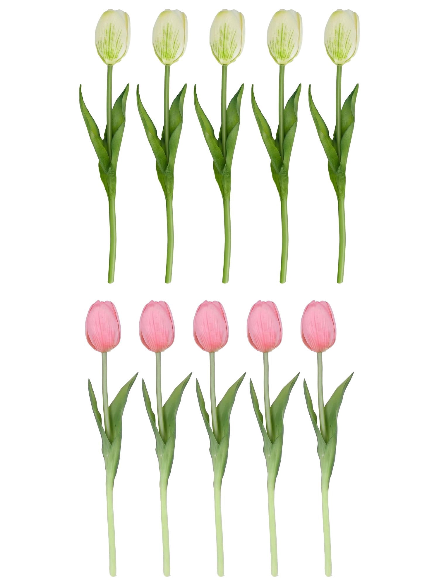 Unique Bargains 10Pcs Artificial Tulips Flowers Silk Mini Bouquet White Pink 9.8"