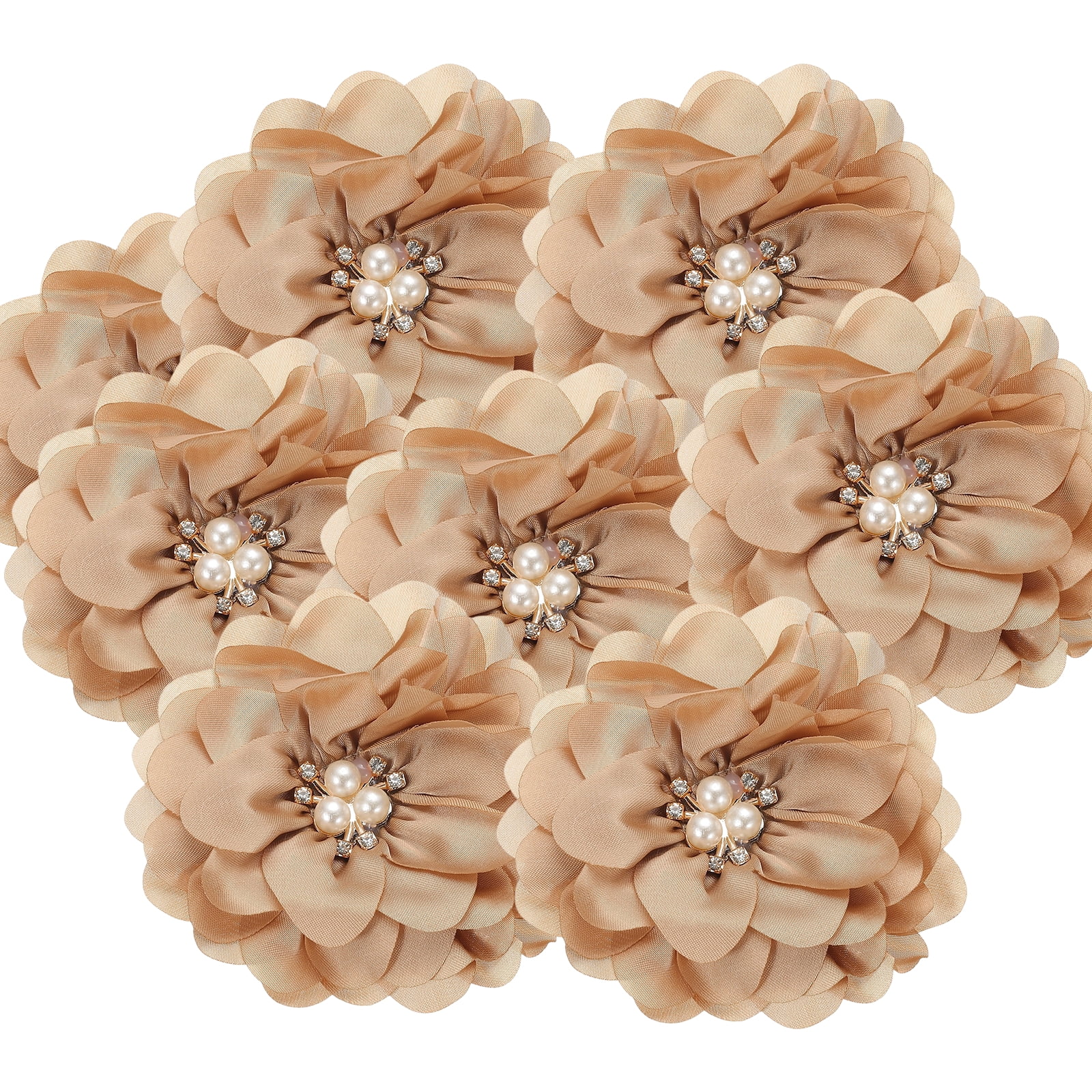 Unique Bargains 10Pcs Chiffon Flowers Fabric Rhinestone Pearl Appliques Beige 3.15"