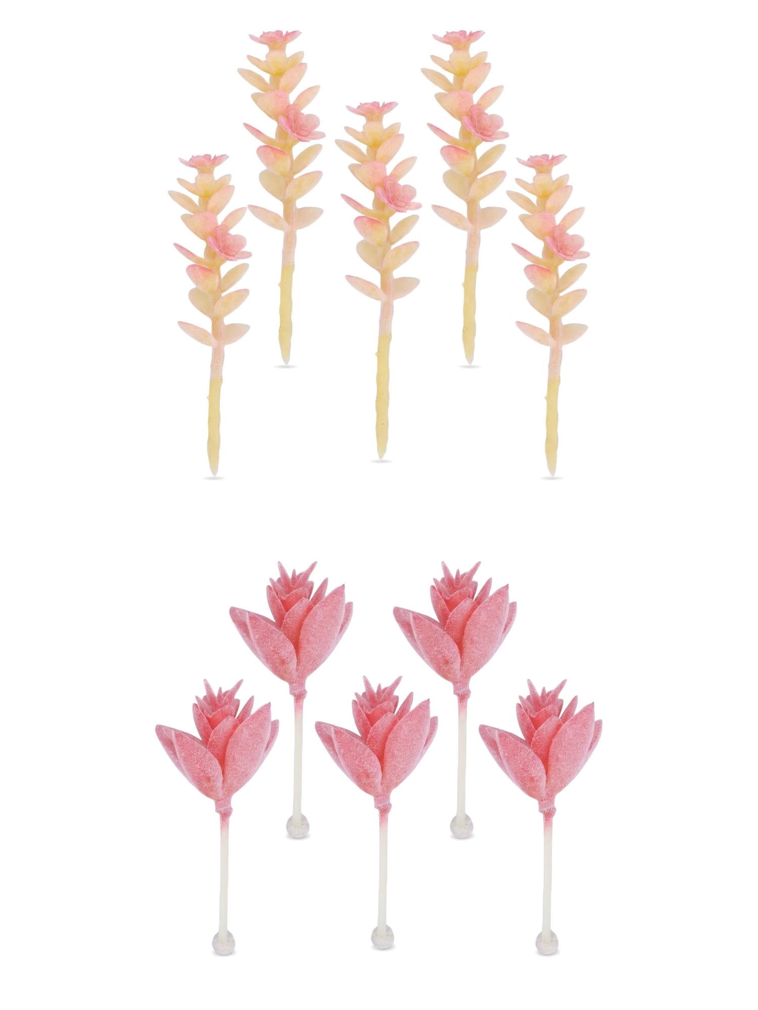 Unique Bargains 10Pcs Flocked Artificial Succulents 3.5" Lotus Deep Pink Money Leaf Beige