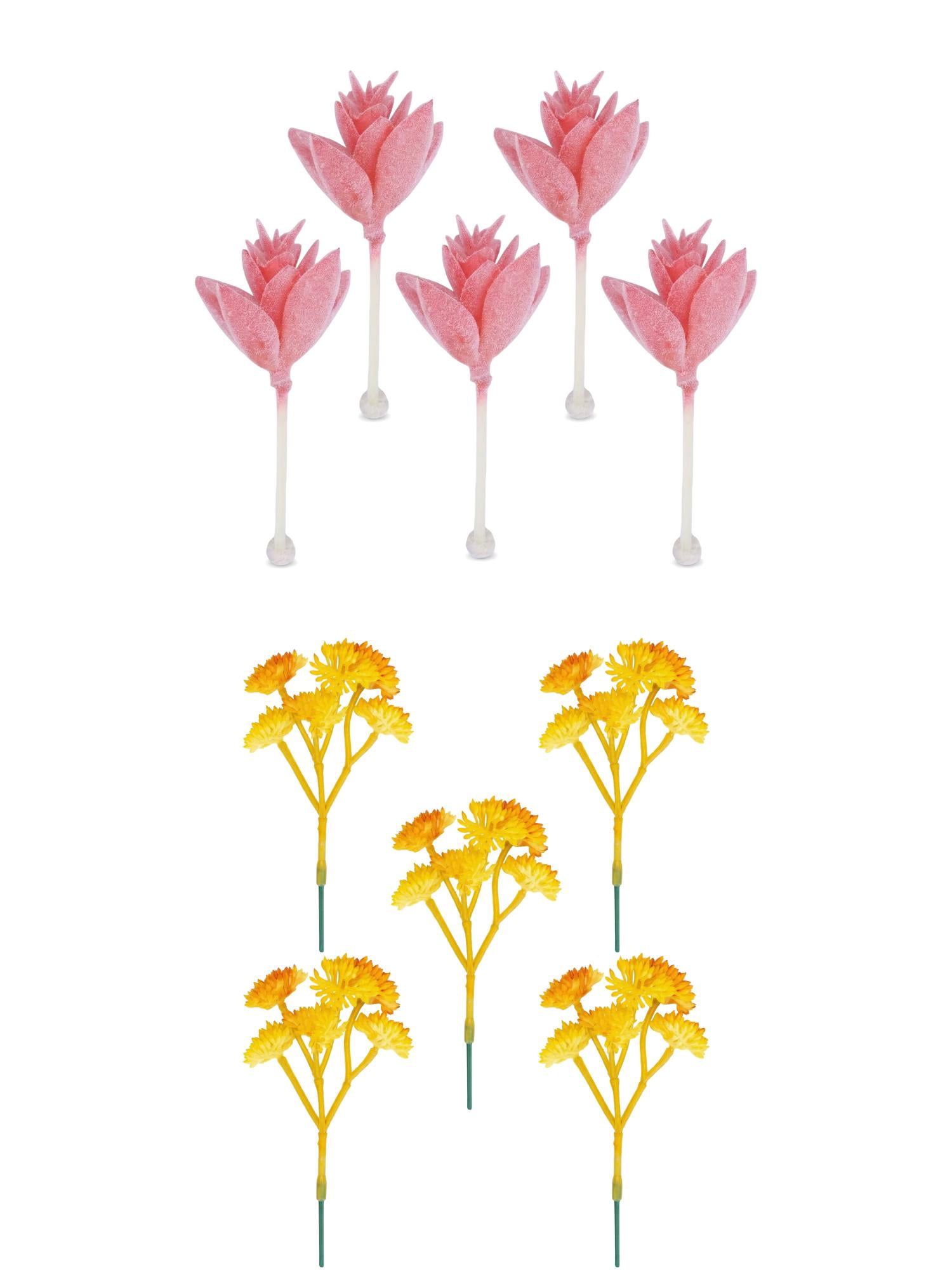 Unique Bargains 10Pcs Flocked Artificial Succulents 3.5" Lotus Deep Pink Yellow Bellflower