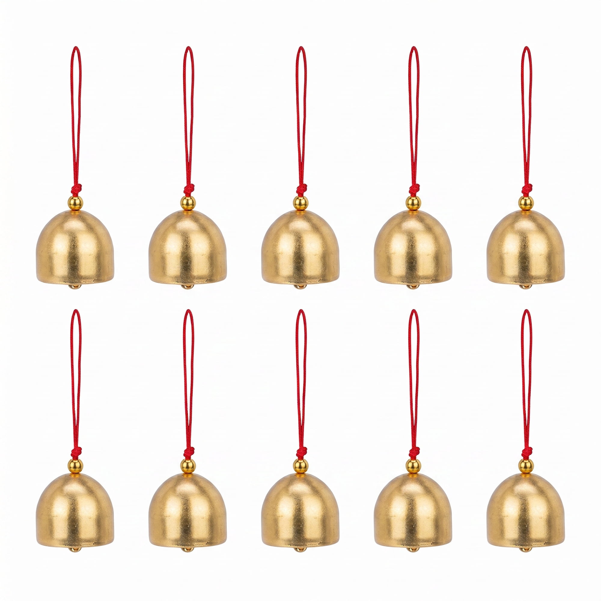Unique Bargains 10Pcs Hanging Vintage Brass Bells Bronze Red Rope 1.1" x 1.1" x 4.3"