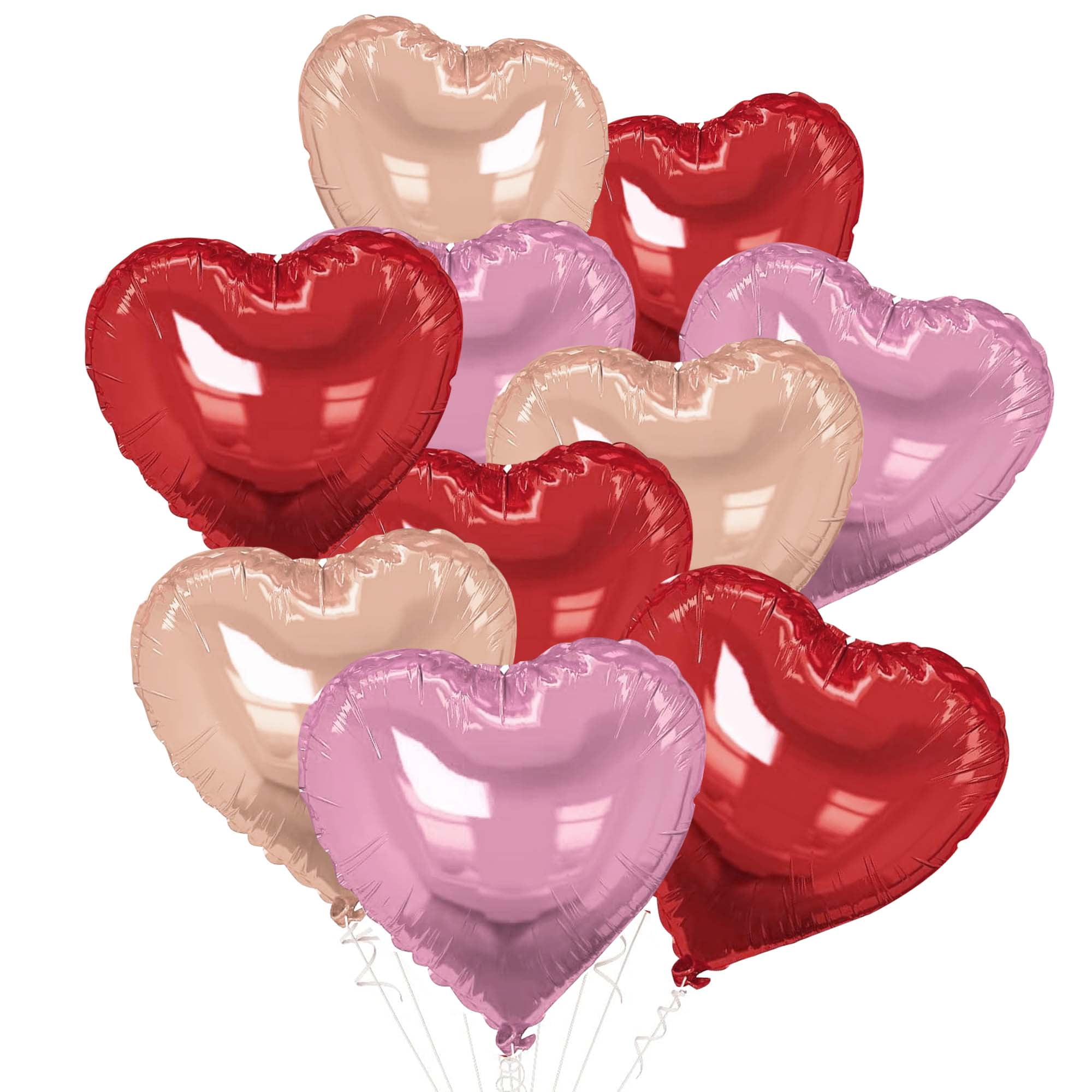 Unique Bargains 10Pcs Helium Balloons with Ribbon Heart Pattern Pink Red Champagne